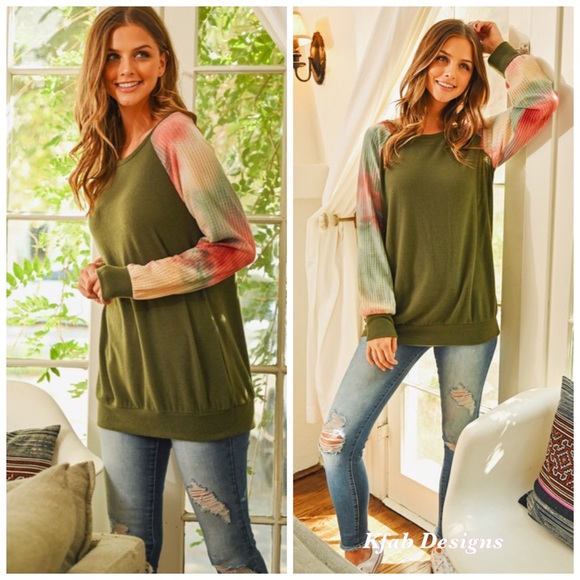 ❤️LAST! Waffle Knit Tie Dye Sleeve Brushed Top! - Picture 3 of 6